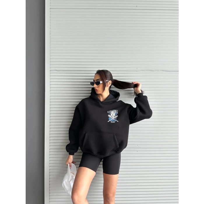 3 iplik şardonlu oversize compact kafa baskılı sweat siyah