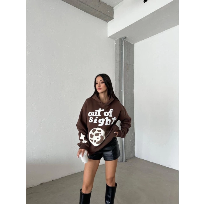 3 iplik şardonlu oversize compact out of baskılı sweat kahve