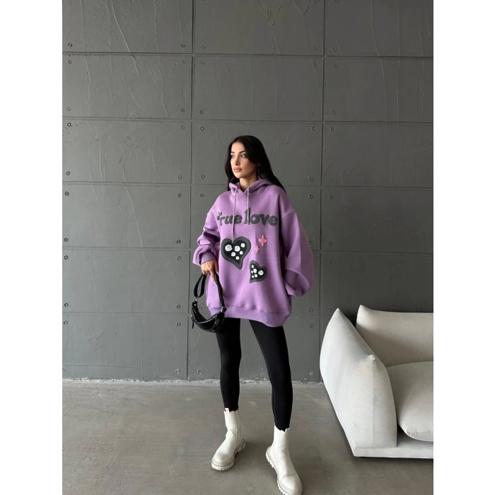 3 iplik şardonlu oversize compact true baskılı sweat mor
