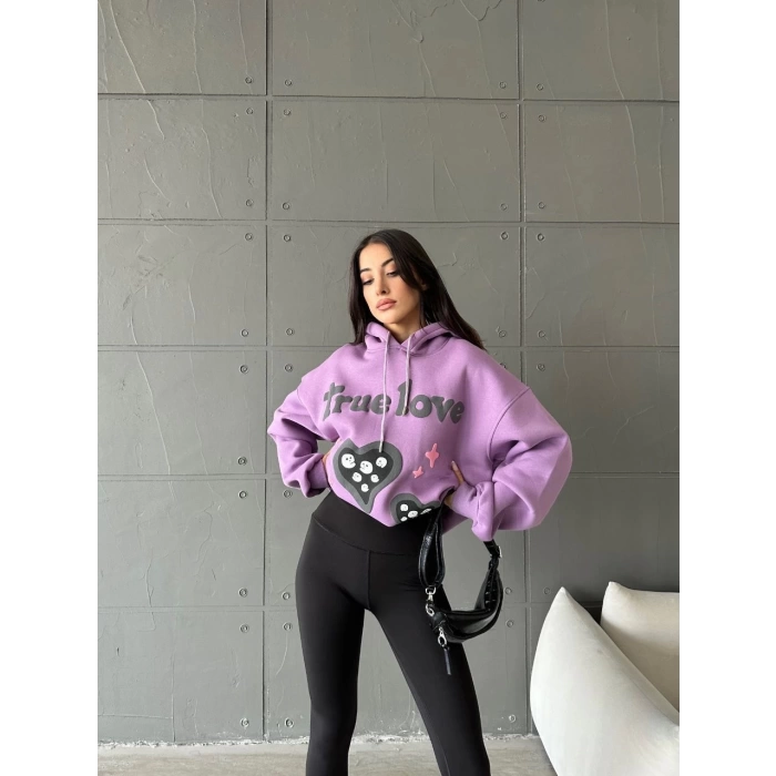 3 iplik şardonlu oversize compact true baskılı sweat mor