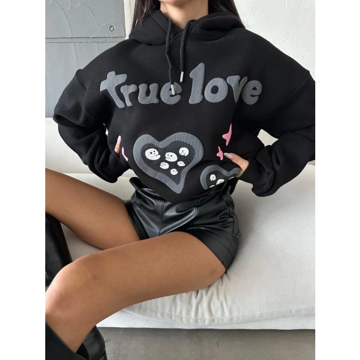 3 iplik şardonlu oversize compact true baskılı sweat siyah