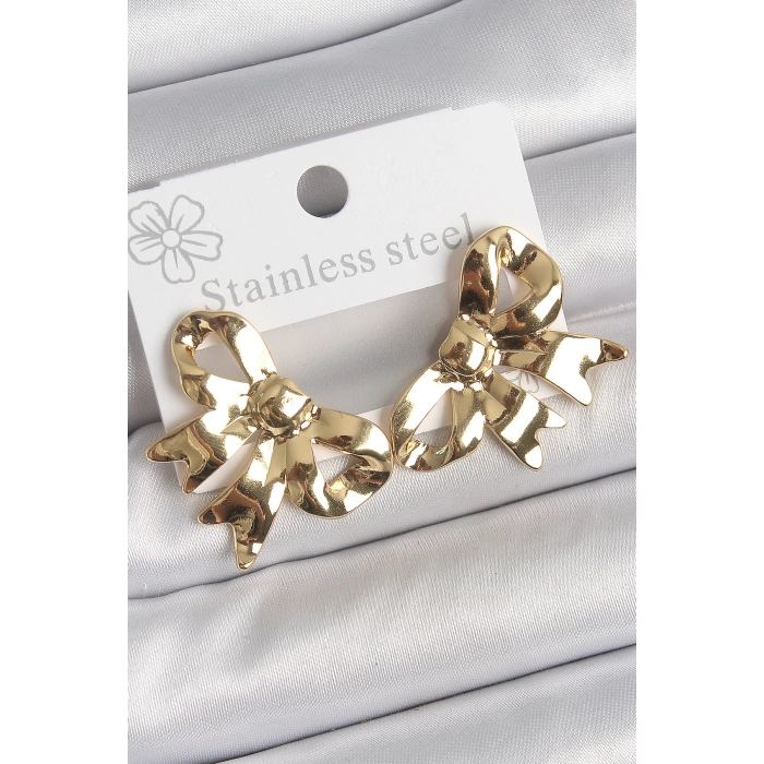 316 Çelik Gold Renk Kurdele Plaka Model Kadın Küpe