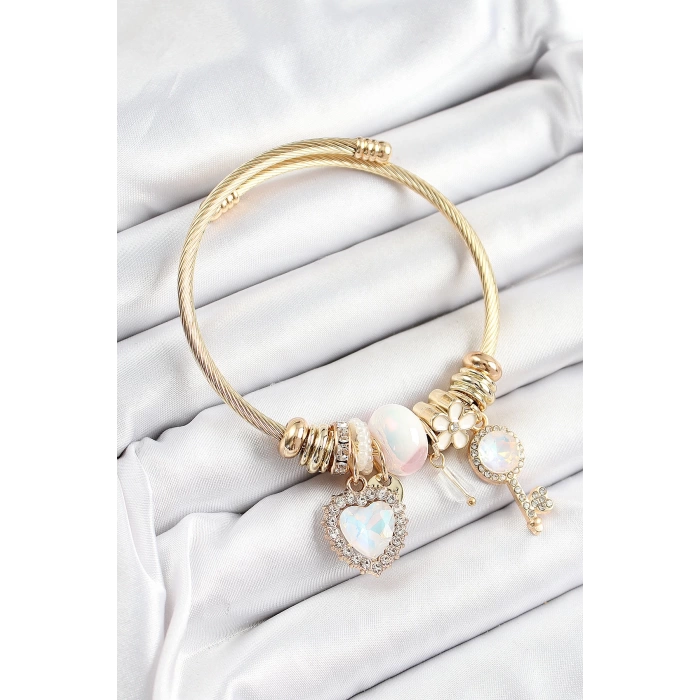 316L Çelik Beyaz Zirkon Taşlı Anahtar Ve Kalp Model Gold Renk Charm Bileklik