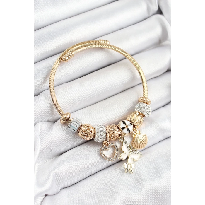 316L Çelik Beyaz Zirkon Taşlı Kalp Kelebek Ve İstiridye Model Gold Renk Charm Bileklik