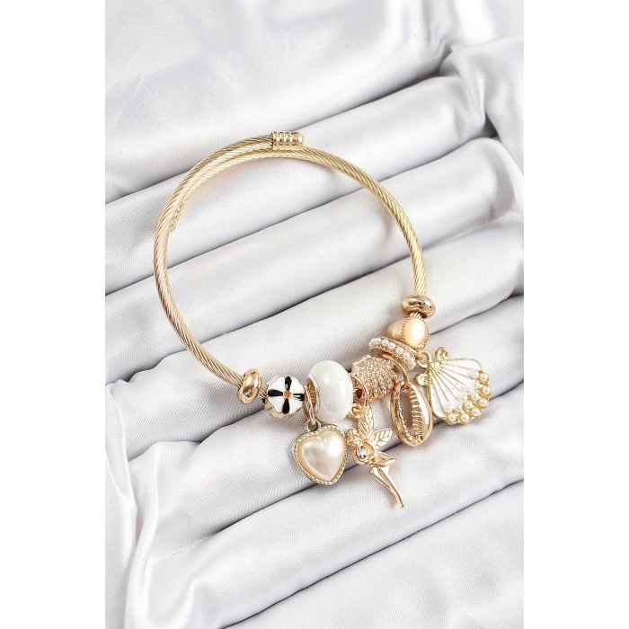 316L Çelik Beyaz Zirkon Taşlı Yıldız Melek İstiridye Ve Kalp Model Gold Renk Charm Bileklik