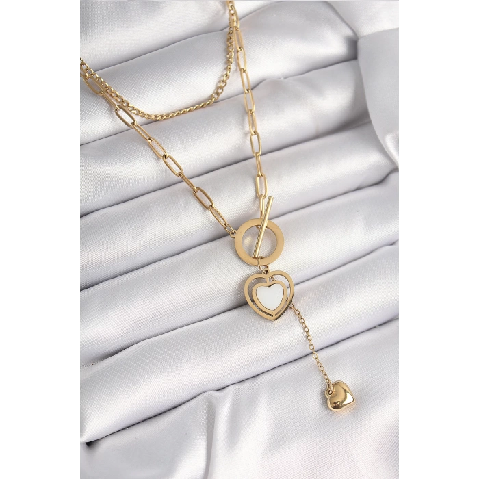 316L Çelik Gold Renk 2Li Zincir Model Sallantı Detay Kadın Kolye