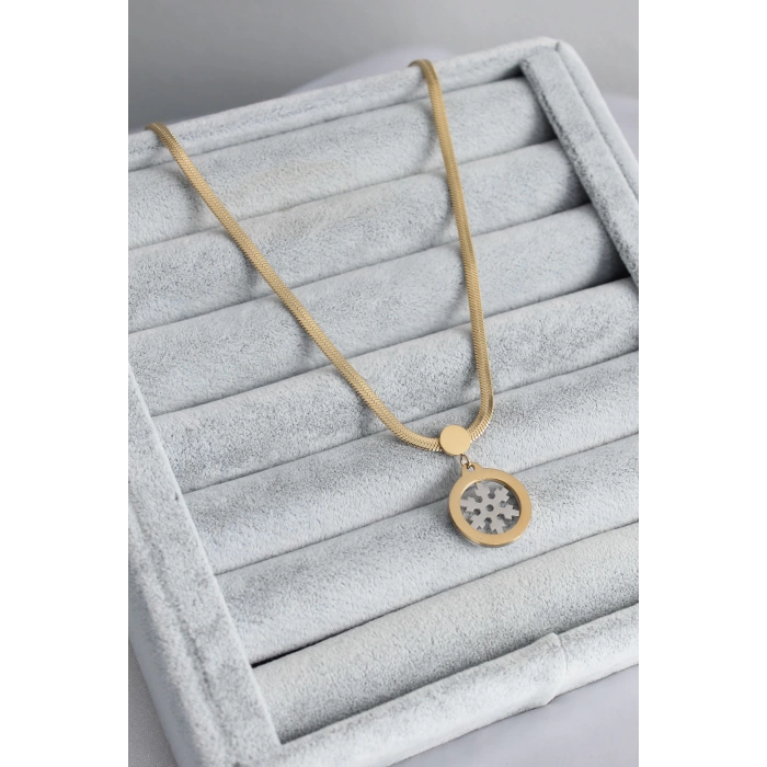 316L Çelik Gold Renk İtalyan Zincir Model Gümüş Kar Tanesi Figür Kadın Kolye