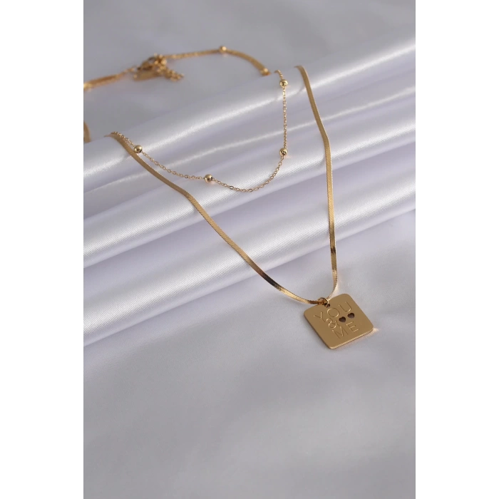 316L Çelik Gold Renk İtalyan Zincir You & Me İşleme Kadın Kolye