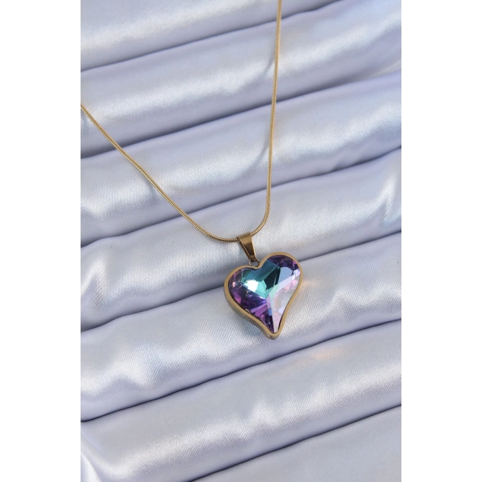 316L Çelik Gold Renk Kristal Taşlı Kalp Model Kadın Kolye