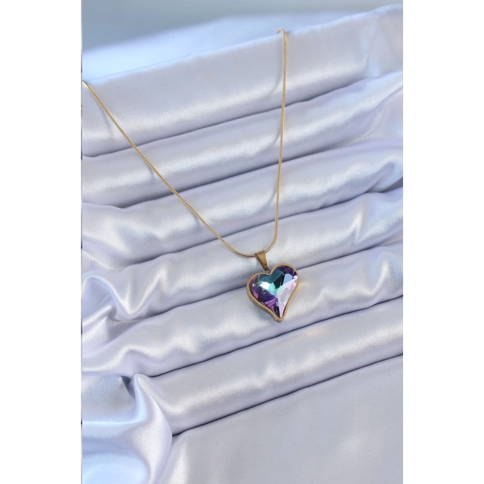 316L Çelik Gold Renk Kristal Taşlı Kalp Model Kadın Kolye