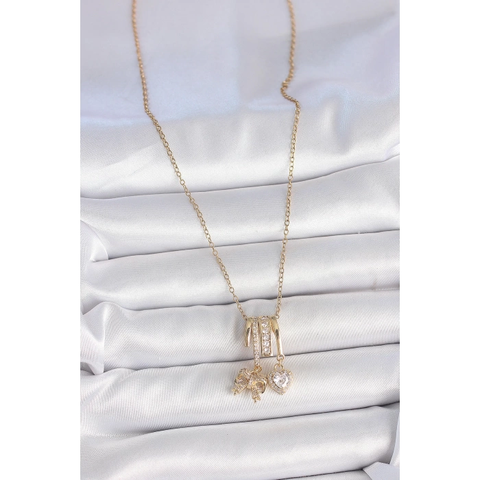 316L Çelik Gold Renk Sallantı Fiyonk Kalp Figür Charm Kadın Kolye