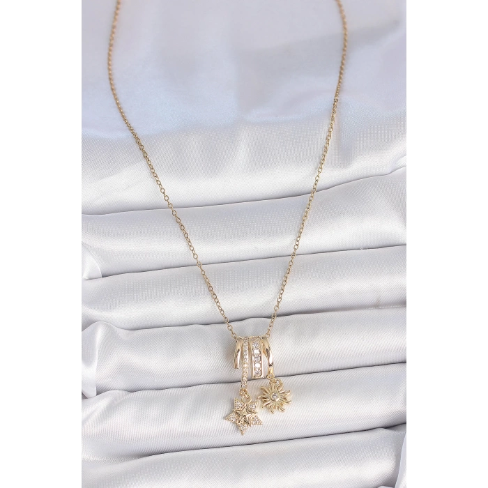316L Çelik Gold Renk Sallantı Zirkon Taşlı Yıldız Güneş Figür Charm Kadın Kolye