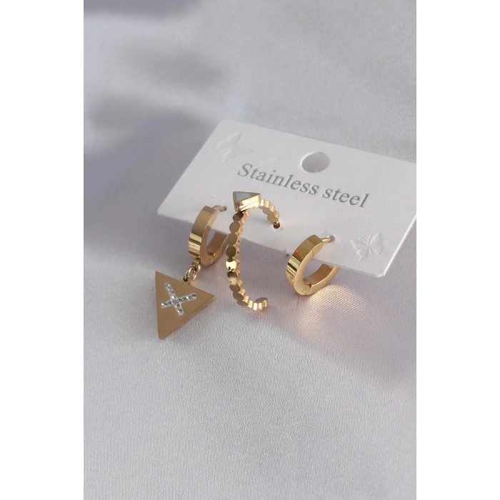 316L Çelik Gold Renk Üçgen Model Zirkon Taşlı Kadın Küpe Kombini