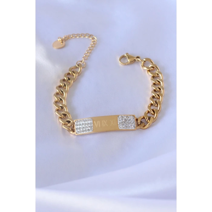 316L Çelik Gold Renk Zincir Model İşleme Detay Zirkon Taşlı Kadın Bileklik