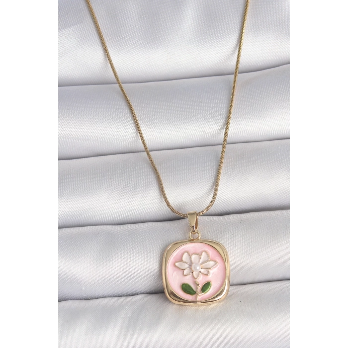 316L Çelik Gold Renk Zincir Pembe Papatya İşlemeli İnci Detay Kadın Kolye