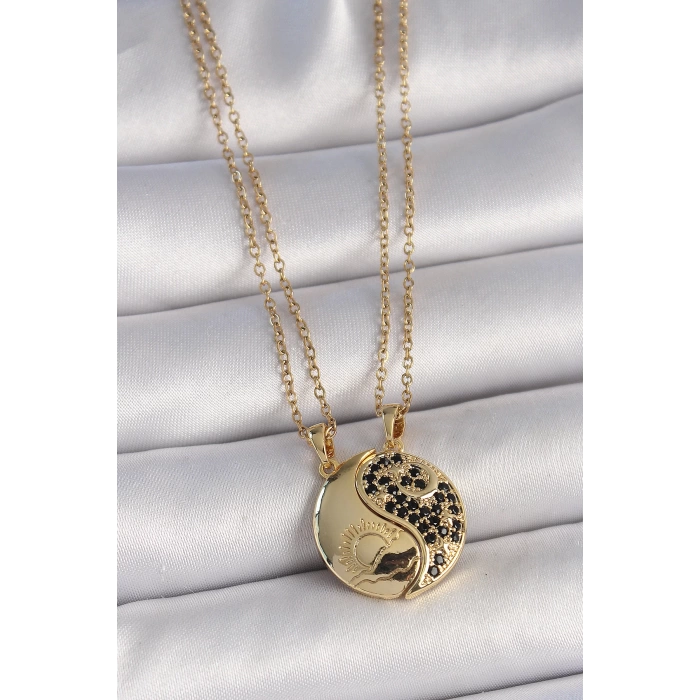 316L Çelik Gold Renk Zincir Zirkon Taşlı Ying Yang Model Gün Batımı İşlemeli Arkadaşlık Kadın Kolye
