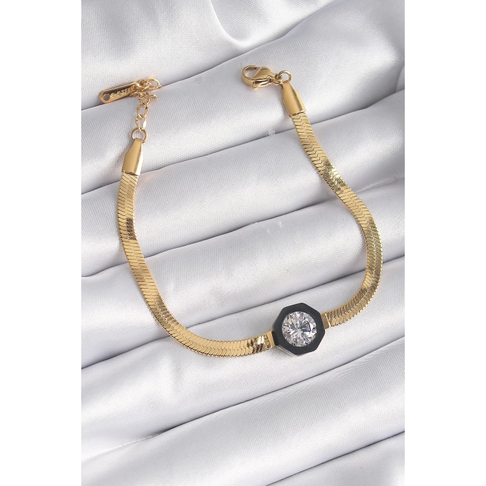 316L Çelik Gold Renk Zirkon Taşlı İtalyan Zincir Model Kadın Bileklik