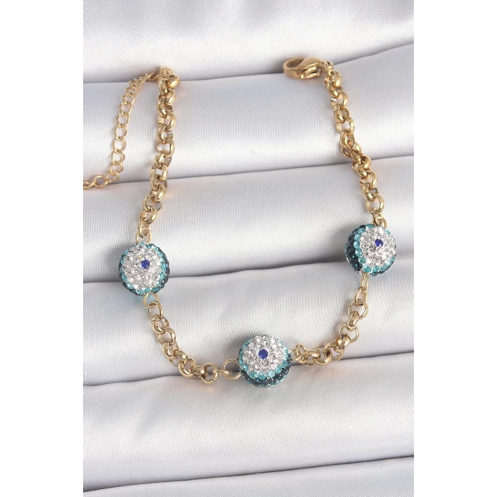 316L Çelik Gold Renk Zirkon Taşlı Nazar Boncuk Model Kadı Bileklik