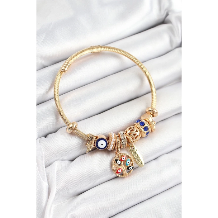 316L Çelik Lacivert Nazarlı Zirkon Taşlı İnci Detaylı Hayat Ağacı Model Gold Renk Charm Bileklik