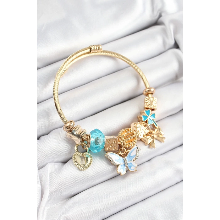 316L Çelik Mavi Zirkon Taşlı Kelebek Fiyonk Ve Kilit Model Gold Renk Charm Bileklik