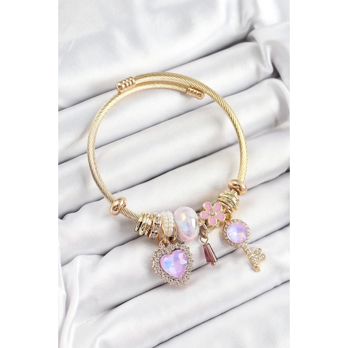316L Çelik Mor Zirkon Taşlı Anahtar Ve Kalp Model Gold Renk Charm Bileklik
