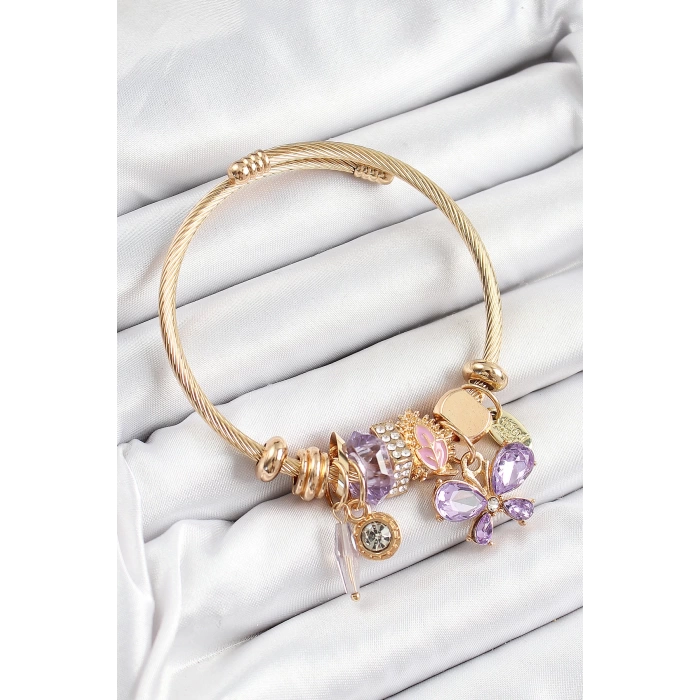 316L Çelik Mor Zirkon Taşlı Kelebek Model Gold Renk Charm Bileklik