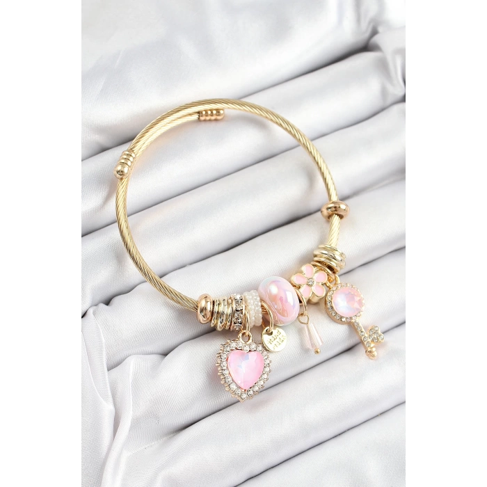 316L Çelik Pembe Zirkon Taşlı Anahtar Ve Kalp Model Gold Renk Charm Bileklik