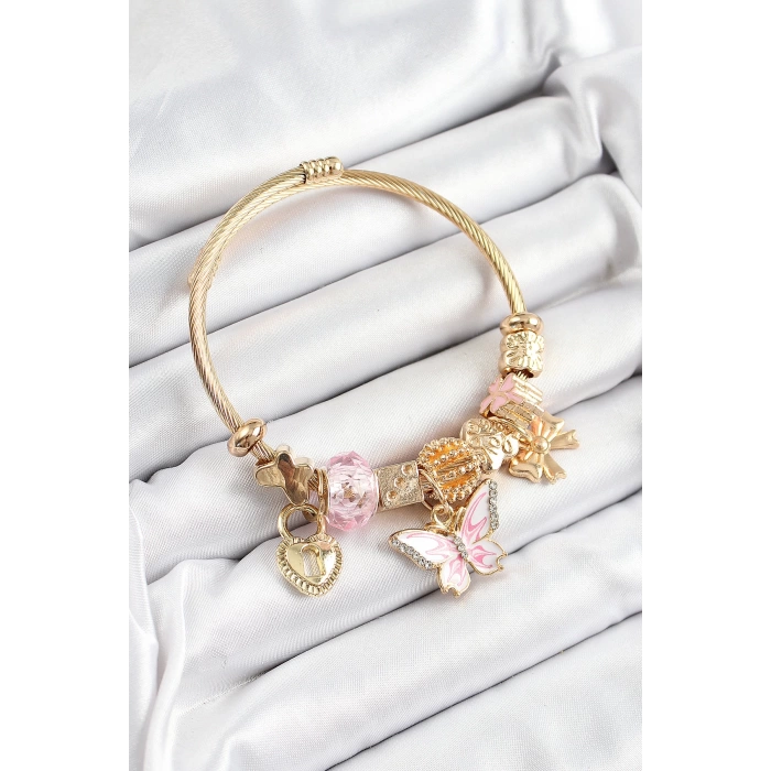 316L Çelik Pembe Zirkon Taşlı Kelebek Fiyonk Ve Kilit Model Gold Renk Charm Bileklik