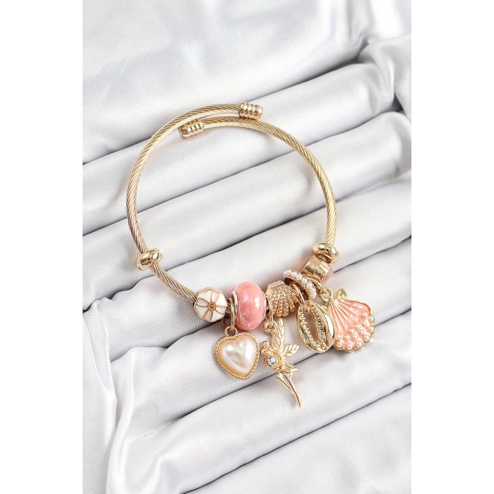 316L Çelik Pembe Zirkon Taşlı Yıldız Melek İstiridye Ve Kalp Model Gold Renk Charm Bileklik