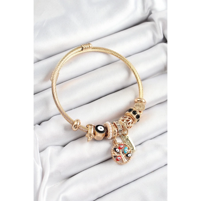316L Çelik Siyah Nazarlı Zirkon Taşlı İnci Detaylı Hayat Ağacı Model Gold Renk Charm Bileklik