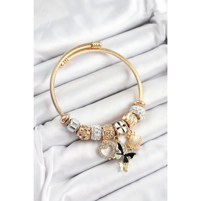 316L Çelik Siyah Zirkon Taşlı Kalp Kelebek Ve İstiridye Model Gold Renk Charm Bileklik