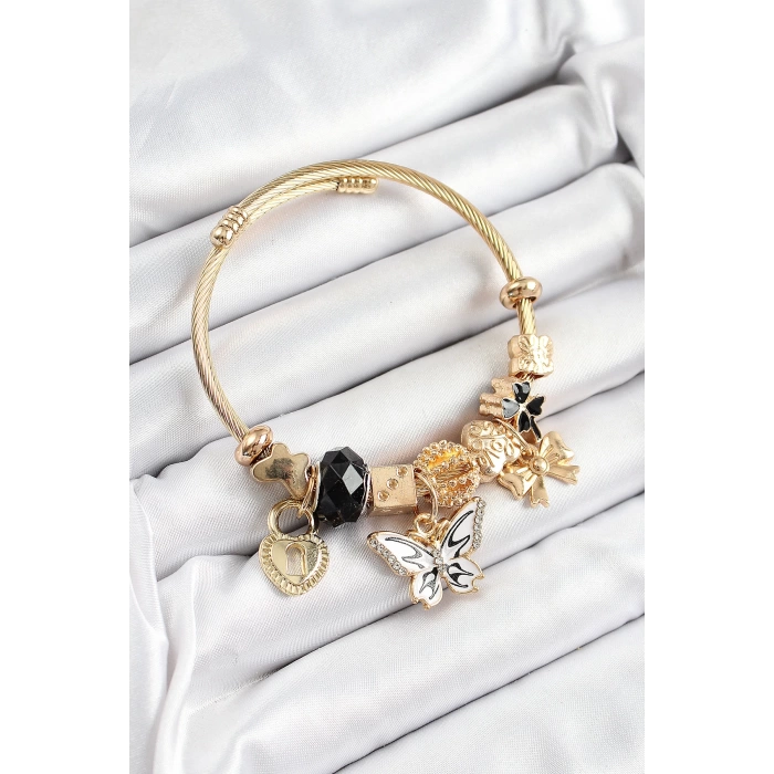316L Çelik Siyah Zirkon Taşlı Kelebek Fiyonk Ve Kilit Model Gold Renk Charm Bileklik
