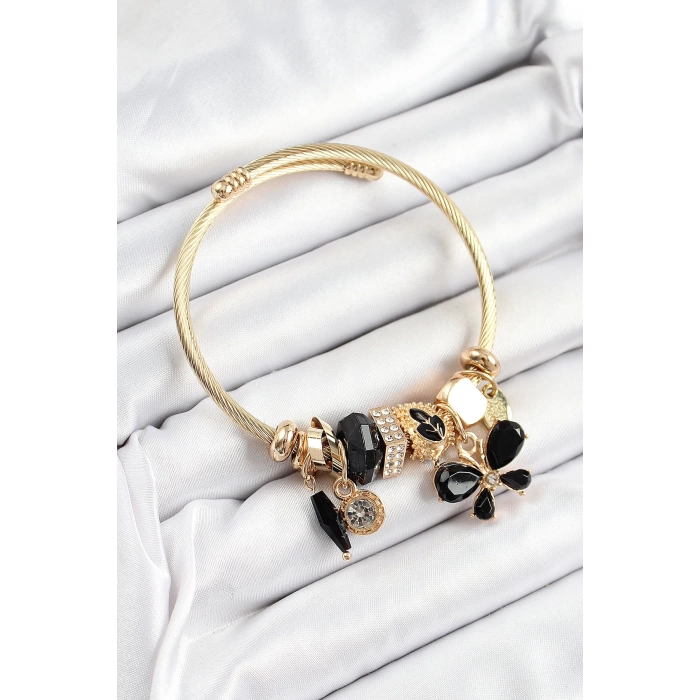 316L Çelik Siyah Zirkon Taşlı Kelebek Model Gold Renk Charm Bileklik