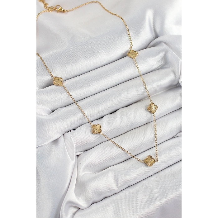 316L Çelik Yonca Model Gold Renk Kadın Kolye