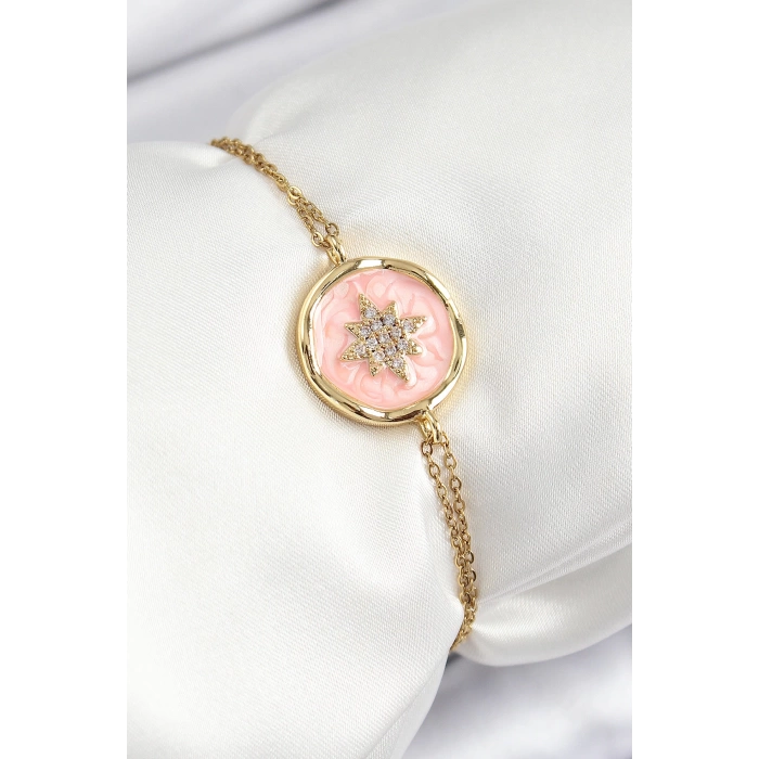 316L Çelik Zincir Pembe Mineli Sanatsal Portre Kuzey Yıldızı Model Gold Renk Kadın Bileklik