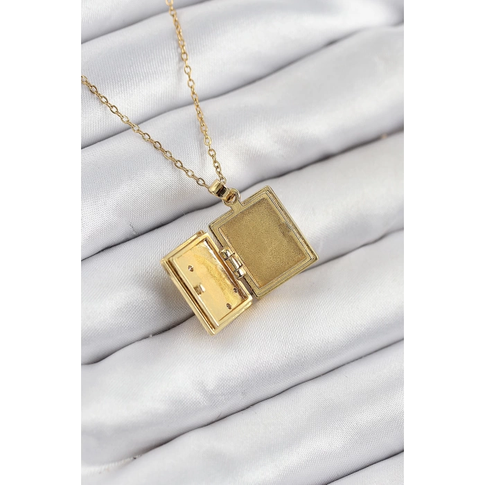 316L Çelik Zirkon Taşlı Açılabilr Kapaklı Kitap Model Gold Renk Kadın Kolye