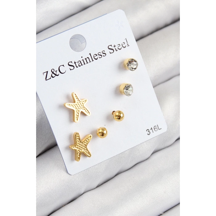 316L Çelik Zirkon Taşlı Deniz Yıldızı Model Gümüş Renk Kadın Set Küpe