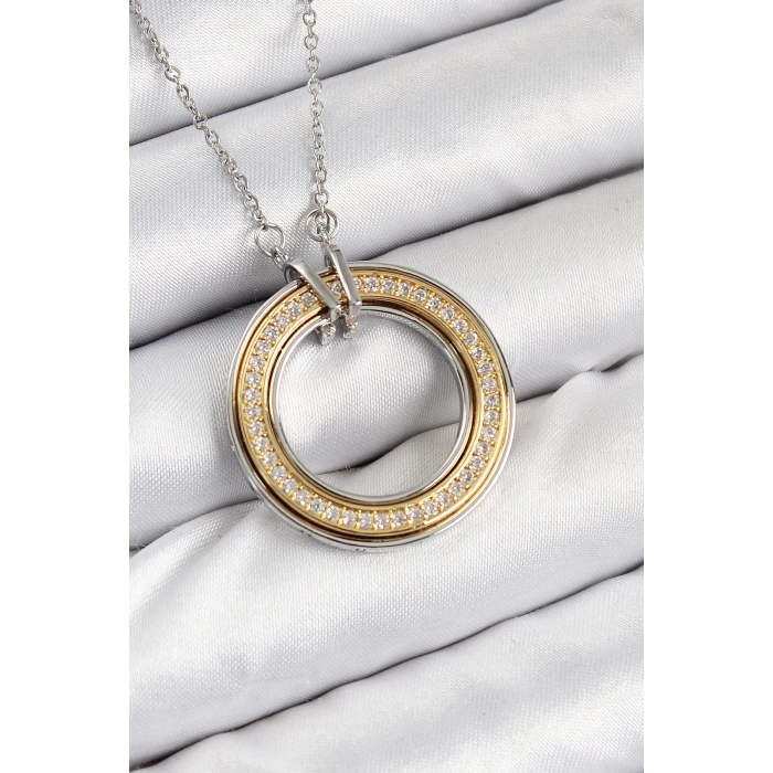 316L Çelik Zirkon Taşlı Dönen Daire Model Gold Ve Gümüş Renk Kadın Kolye