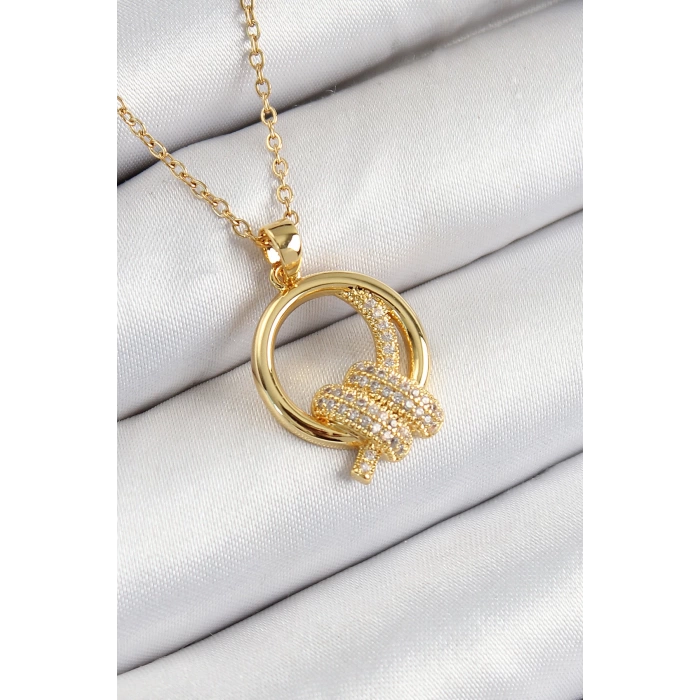 316L Çelik Zirkon Taşlı Düğüm Model Gold Renk Kadın Kolye