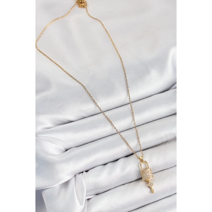 316L Çelik Zirkon Taşlı Kilit Ve Sallantılı Anahtar Model Gold Renk Kadın Kolye