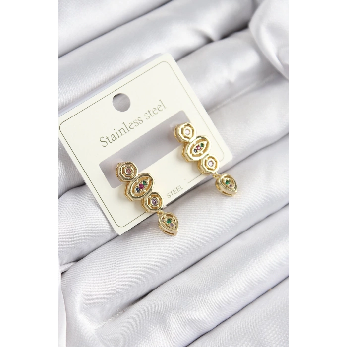 316L Çelik Zirkon Taşlı Sallantılı Geometrik Model Gold Renk Kadın Küpe