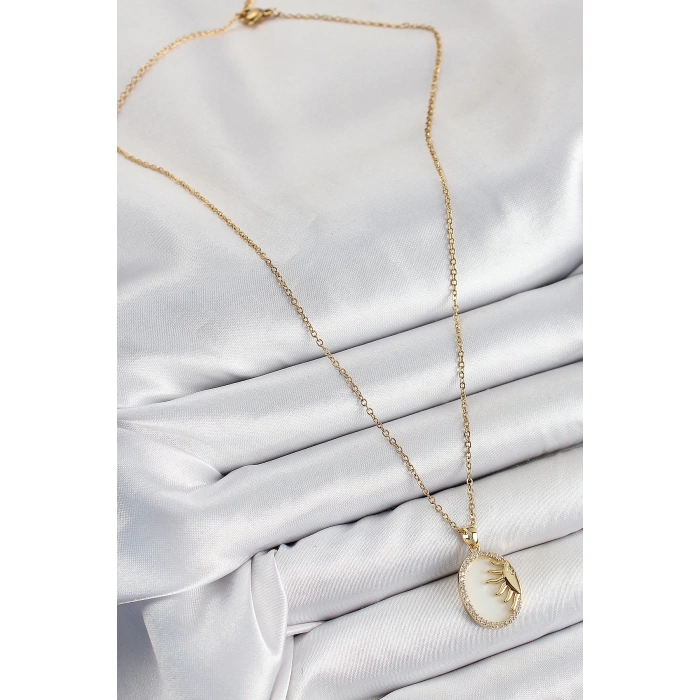 316L Çelik Zirkon Taşlı Yarım Güneş Model Gold Renk Kadın Kolye