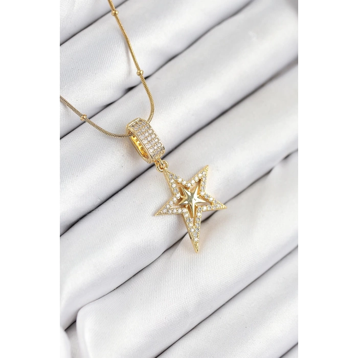316L Çelik Zirkon Taşlı Yıldız Model Gold Renk Kadın Kolye