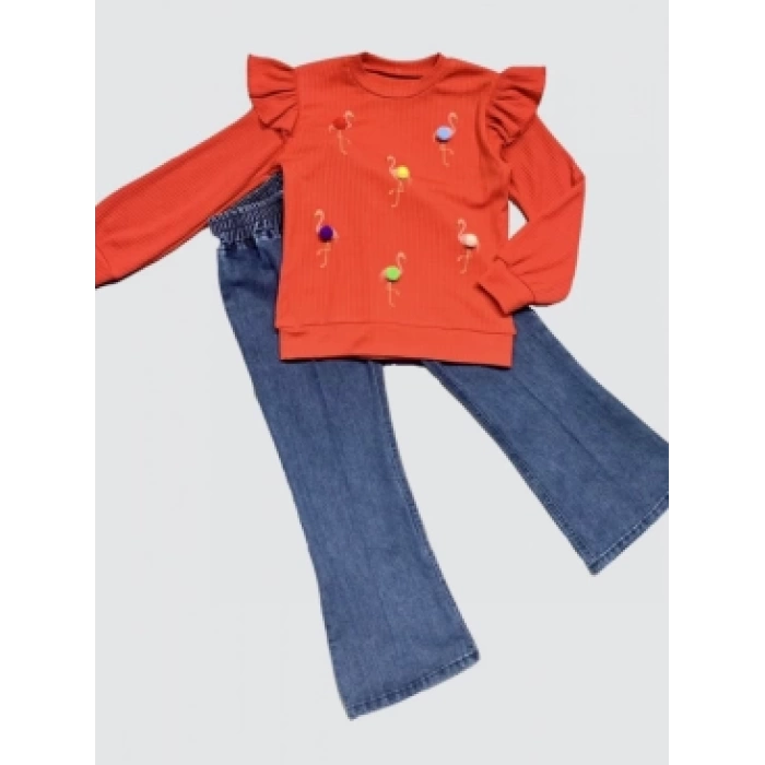 4-5-6 Yaş Kot Pantolonlu Flamingo Desenli Penye Sweat Uzun Kollu 2li Kız Çocuk Takımı