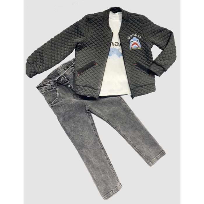 4-5-6 Yaş Kot Pantolonlu Pilot Mont Uzun Kollu Penye Sweat 3lü Erkek Çocuk Takımı