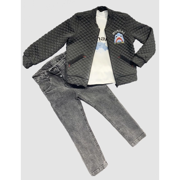 4-5-6 Yaş Kot Pantolonlu Pilot Mont Uzun Kollu Penye Sweat 3lü Erkek Çocuk Takımı