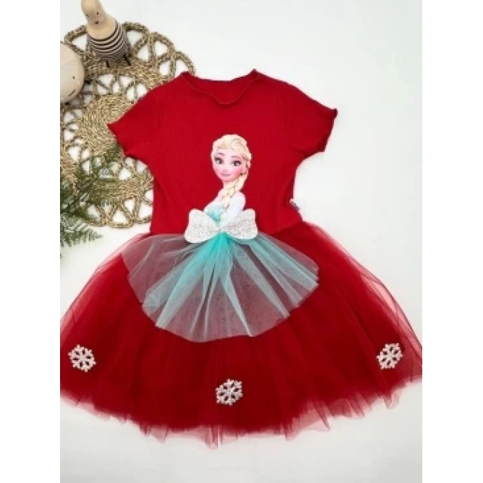 5-6-7 Yaş Elsa Desenli Fiyonklu Tül Etekli Astarlı Kısa Kollu Kız Çocuk Tütü Elbise