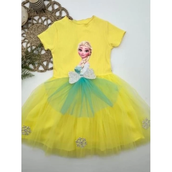 5-6-7 Yaş Elsa Desenli Fiyonklu Tül Etekli Astarlı Kısa Kollu Kız Çocuk Tütü Elbise