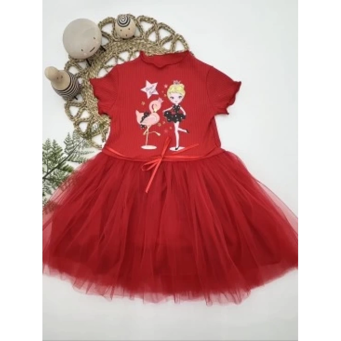 5-6-7 Yaş Flamingo Balerin Kız Baskılı Kurdela Kuşaklı Astarlı Kız Çocuk Tütü Elbise