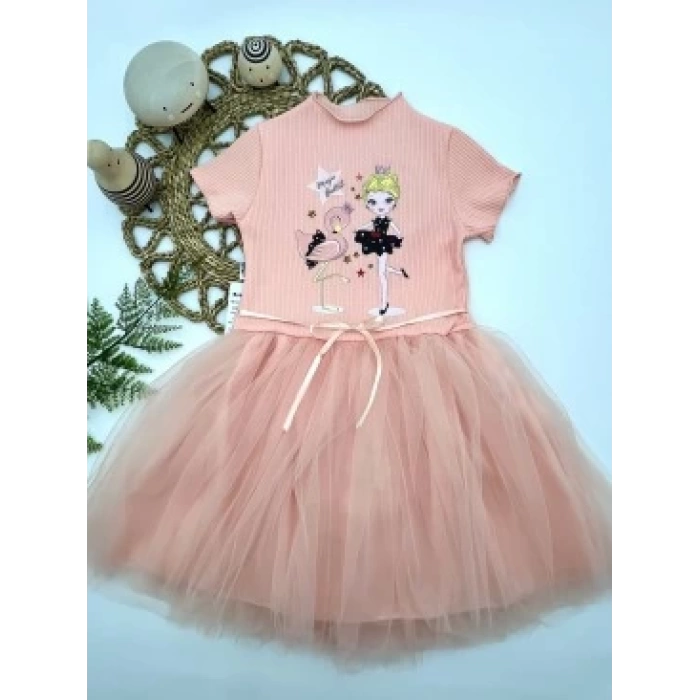 5-6-7 Yaş Flamingo Balerin Kız Baskılı Kurdela Kuşaklı Astarlı Kız Çocuk Tütü Elbise